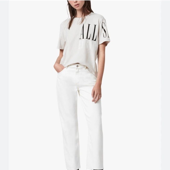 All Saints Revolve Graphic Spell Out Logo Separo Crew Tee in Cream Size Small - Picture 2 of 6